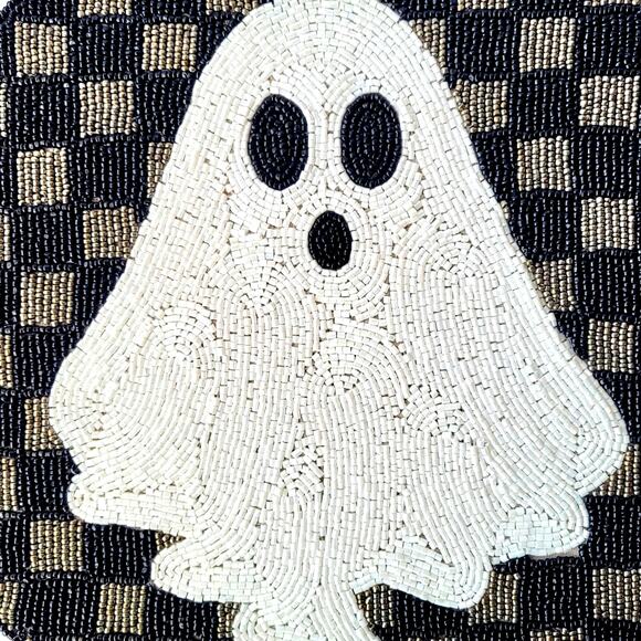 Tahari Checkered Halloween Ghost 14" Beaded Placemat Charger NEW - Picture 3 of 8